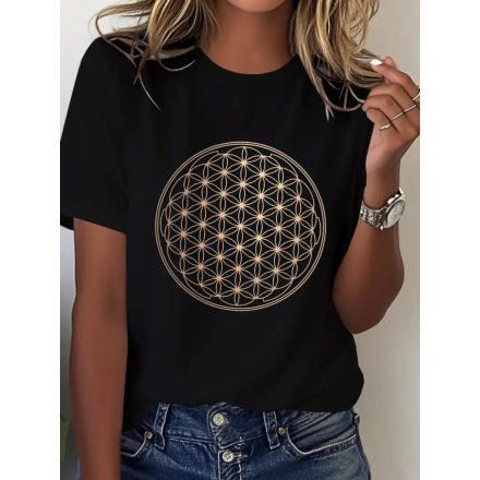 Női S-es fekete pamut élet virága mintás póló - ÚJ