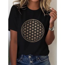 Női fekete pamut élet virága mintás póló - ÚJ