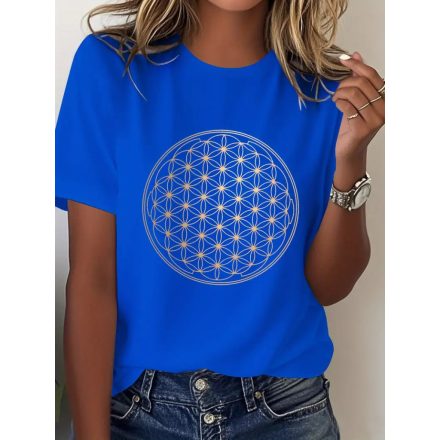 Női L-es kék pamut élet virága mintás póló - ÚJ