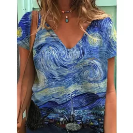 Női kék festményes póló - Van Gogh: Csillagos éj - ÚJ