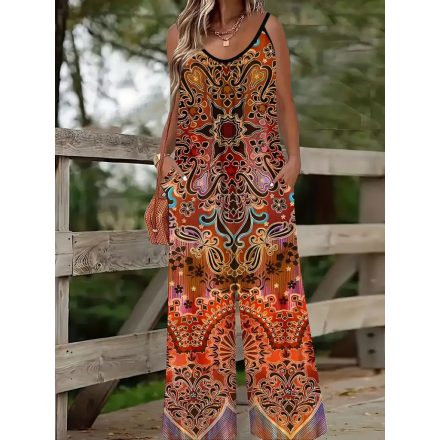 Női 4XL-es nagyméretű, plus size színes etnikai mintás pántos nyári overall, playsuit - ÚJ