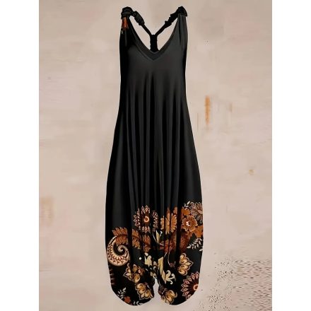 Női fekete virágos hárem nyári overall, playsuit - ÚJ