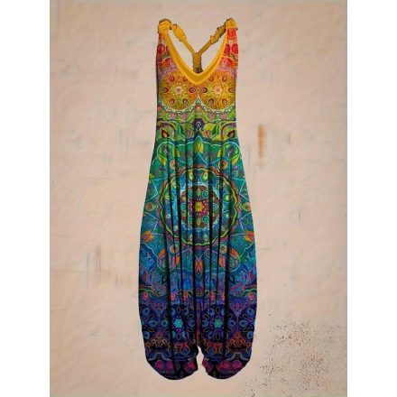 Női nagyméretű, plus size színes mandalamintás hárem nyári overall, playsuit - ÚJ