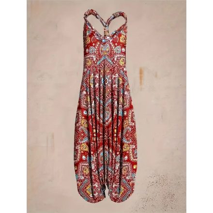 Női piros bohém, etnikai mintás hárem nyári overall, playsuit - ÚJ