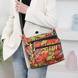   Barna-narancsárga levélmintás gyöngyvászon oldaltáska, női táska - ÚJ