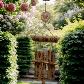   Kézzel készített bambusz szélcsengő, szélharang, feliratos - ÚJ 