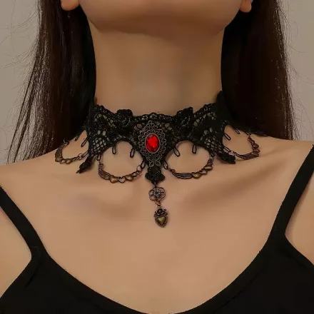 Fekete csipke köves gótikus nyaklánc - Halloween - ÚJ