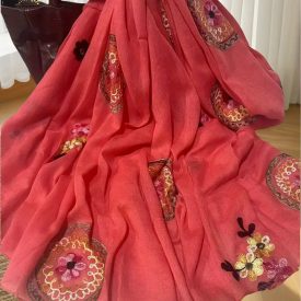Korallszínű hímzett virágos muszlin kendő, sál - ÚJ