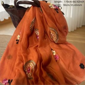 Narancssárga hímzett virágos muszlin kendő, sál - ÚJ