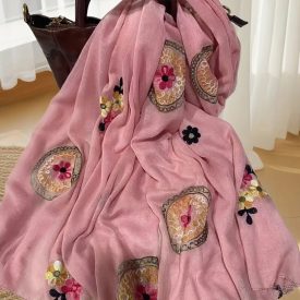 Rózsaszín hímzett virágos muszlin kendő, sál - ÚJ