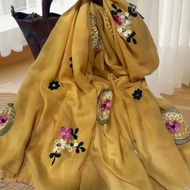 Mustárszínű hímzett virágos muszlin kendő, sál - ÚJ