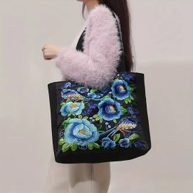   Fekete-kék virágos-madaras hímzett táska, válltáska - ÚJ