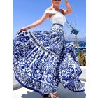 Női XXL-es fehér-kék, porcelánmintás bőaljú maxiszoknya - ÚJ 