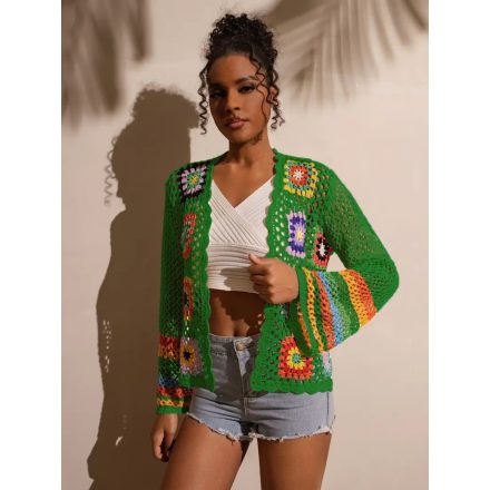 Női XL-es zöld, színes mintájú, horgolt kardigán - ÚJ 