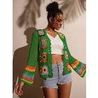 Női XL-es zöld, színes mintájú, horgolt kardigán - ÚJ 