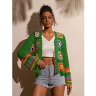 Női XL-es zöld, színes mintájú, horgolt kardigán - ÚJ 