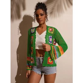 Női zöld, színes mintájú, horgolt kardigán - ÚJ 
