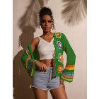 Női zöld, színes mintájú, horgolt kardigán - ÚJ 