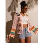 Női XXL-es rózsaszín, színes mintájú, horgolt kardigán - ÚJ 