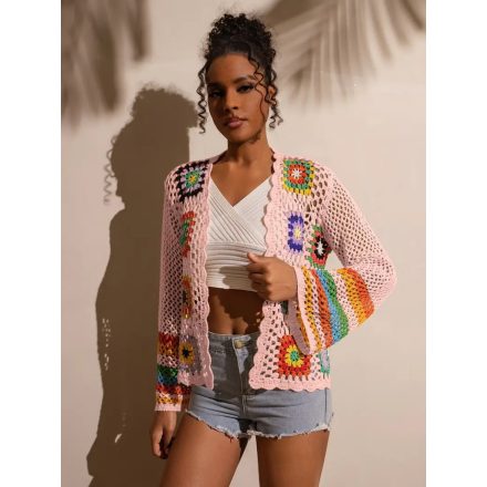 Női rózsaszín, színes mintájú, horgolt kardigán - ÚJ 
