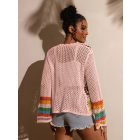 Női rózsaszín, színes mintájú, horgolt kardigán - ÚJ 