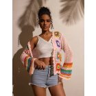 Női rózsaszín, színes mintájú, horgolt kardigán - ÚJ 