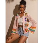 Női rózsaszín, színes mintájú, horgolt kardigán - ÚJ 