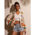 Női L-es törtfehér, színes mintájú, horgolt kardigán - ÚJ 