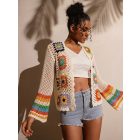 Női XL-es törtfehér, színes mintájú, horgolt kardigán - ÚJ 