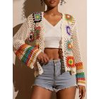 Női XXL-es törtfehér, színes mintájú, horgolt kardigán - ÚJ 