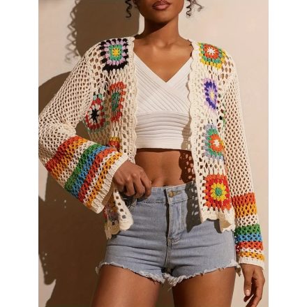 Női XXL-es törtfehér, színes mintájú, horgolt kardigán - ÚJ 