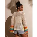 Női XXL-es törtfehér, színes mintájú, horgolt kardigán - ÚJ 