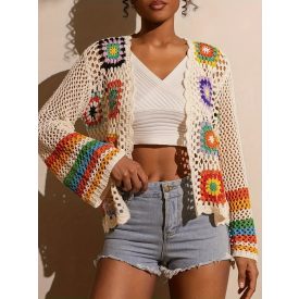  Női törtfehér, színes mintájú, horgolt kardigán - ÚJ 