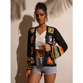 Női fekete, színes mintájú, horgolt kardigán - ÚJ
