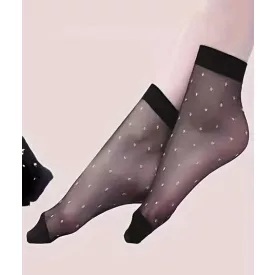 Női fekete alapon fehér pöttyös nylon bokazokni - ÚJ
