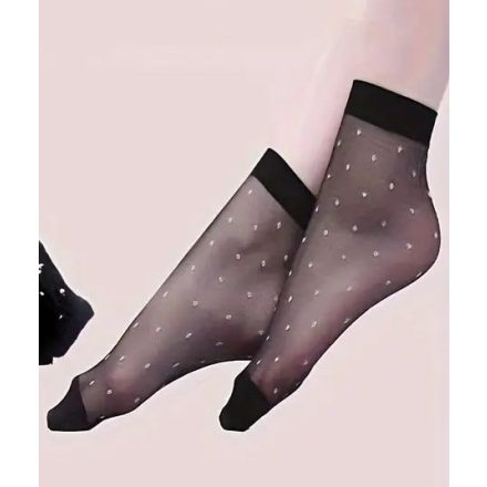 Női fekete alapon fehér pöttyös nylon bokazokni - ÚJ