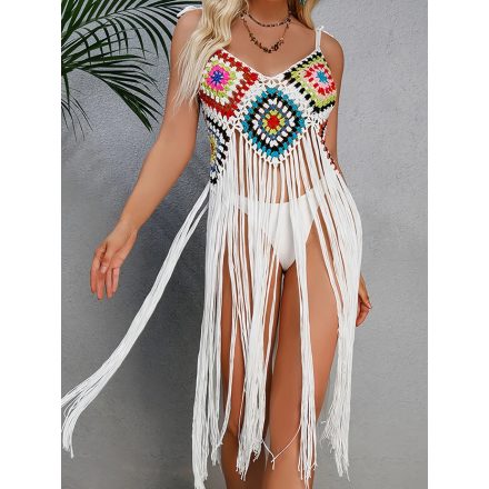 Női fehér rojtos strandruha, elől színes betéttel (egy méret, one size) - ÚJ