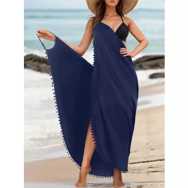 Női sötétkék bojtos átlapolós strandruha - ÚJ