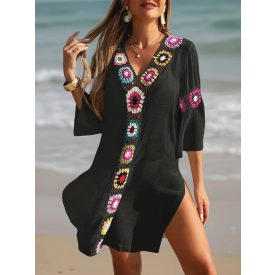 Női fekete horgolt betétes strandruha - ÚJ