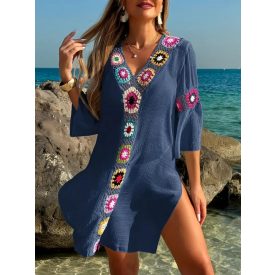 Női sötétkék horgolt betétes strandruha - ÚJ