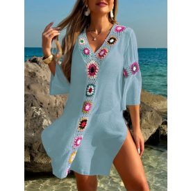 Női világoskék horgolt betétes strandruha - ÚJ