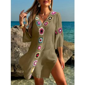 Női khaki horgolt betétes strandruha - ÚJ