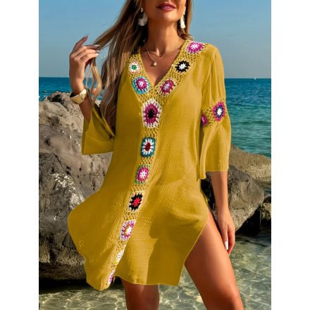 Női sárga horgolt betétes strandruha - ÚJ