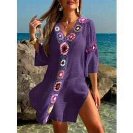 Női lila horgolt betétes strandruha - ÚJ