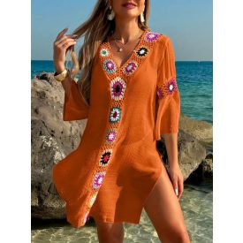 Női narancssárga horgolt betétes strandruha - ÚJ