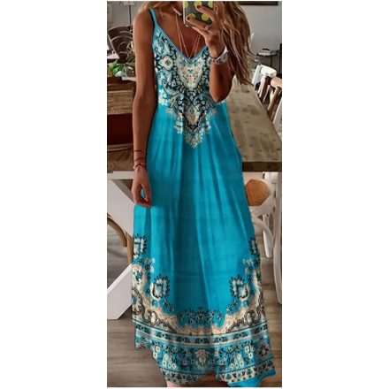 Női kék pántos etnikai mintás maxiruha - ÚJ