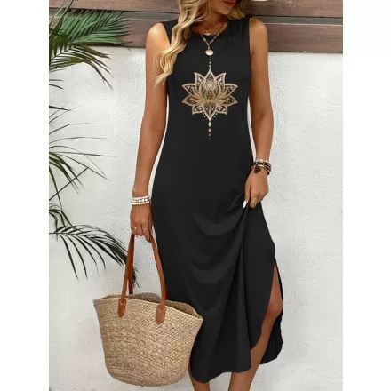 Női fekete lótuszvirágos maxiruha - ÚJ