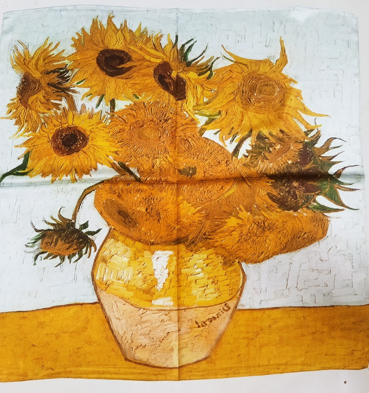 70x70 cm-es festményes selyem sál, kendő - Van Gogh: Napraforgók - ÚJ