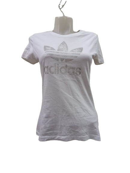 Női M-es ezüst fehér mintás póló - Adidas (kicsit használtabb, kis luk a címke mellett)